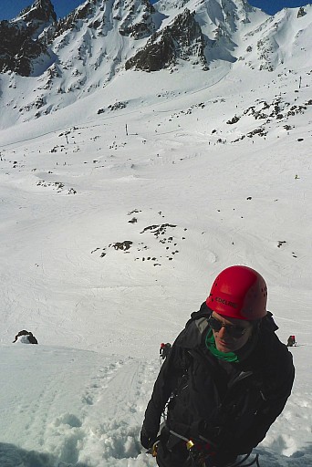 Karl at another belay on the Knoll First Ice Field.