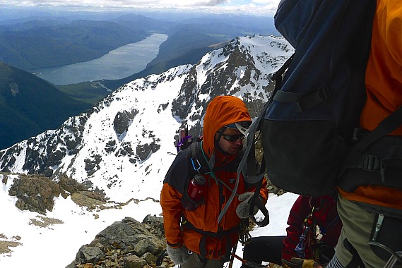At the first of two 60m abseils on the SW ridge