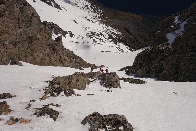 We followed a snow gully that steepened to about 50 degrees.