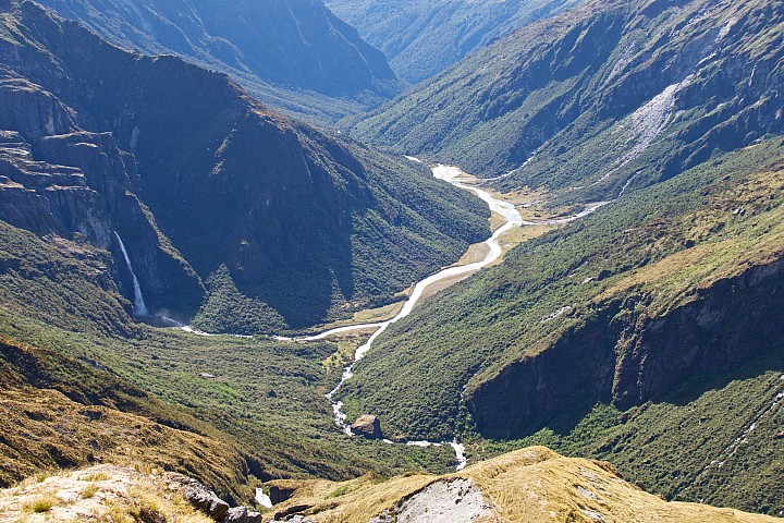 A view into the Arawhata River showing enormous rock providing the famous Rock Biv (bottom centre) 