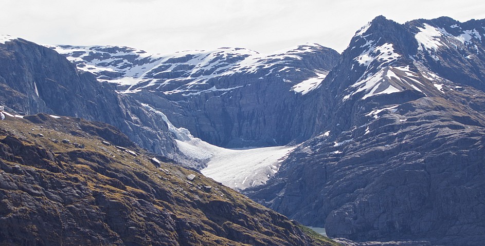 Snow White Glacier and, marooned high to its right, Mystery Col 