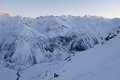View of the upper Lawrence valley and peaks around the Reischek, Assault and Gridiron Glaciers.
