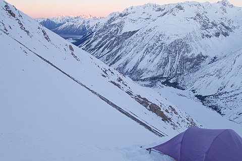 The site was fairly unpromising for camping.  A bump on a ridge of fresh powder snow surrounded by slopes of 35 degrees or more. 