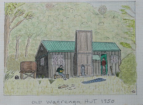 click on the photo and click again on the photo to download the original image

1950 TTC147_Old Waeranga Hut, Ōrongorongo Valley Sketch by Tony Nolan