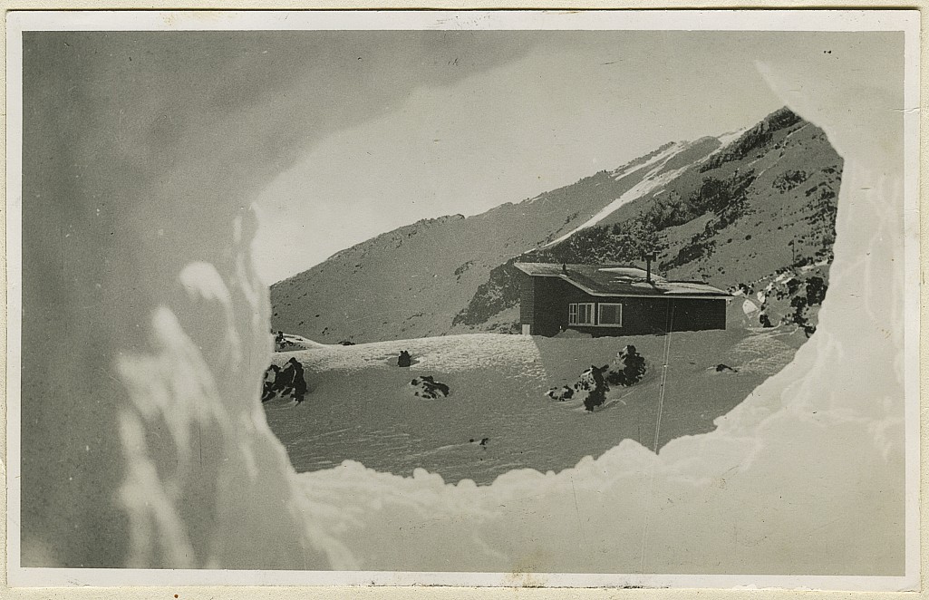 click on the photo to download the original image

195q ttc346 Tararua Lodge from snow cave