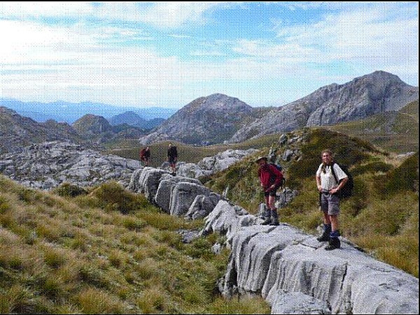  Descending from Replica Hill. From left to right: Tom White, Liz Paton, Hugh Barr and Sandra Bourguignon. Photo: Marilyn Jones 
