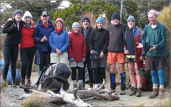 Pelorus party: Anita Radcliffe, Rachel Innes, Howard Symmes, Vivienne Radcliffe, Claire O’Donnell, Ralph Wilkinson, Alison Stephenson, Peter Radcliffe, Bill Stephenson and Dave Cuttance. At Dew Lakes Bryant Range. Photo: Alison